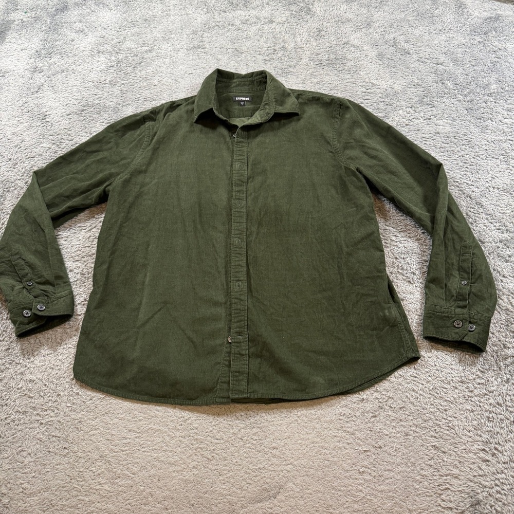 Express Mens Corduroy Button Down Shirt Size L Olive Green Cotton Long Sleeve
